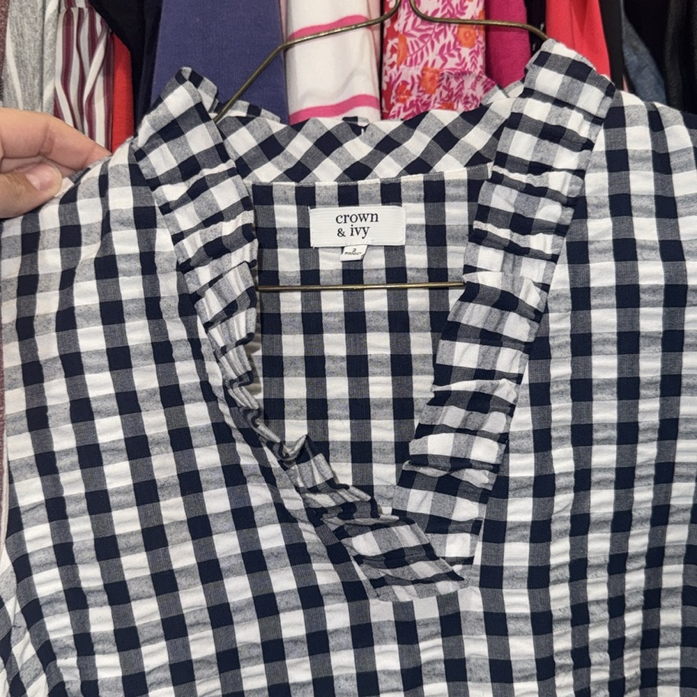 Crown & Ivy Navy Gingham Sleeveless Ruffle Collar Dress Size 2 - Picture 5 of 7